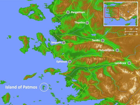 Location of the Island of Patmos where John was exiled and wrote the book of Revelation. Main Roman roads are shown. – Slide 4
