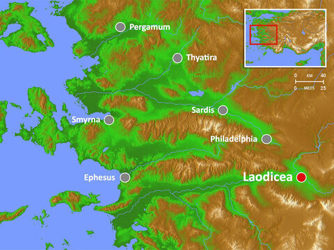 Laodicea is situated on the long spur of a hill between the narrow valleys of the small rivers Asopus and Caprus and had a large Jewish population. There is evidence of the worship of Zeus, Apollo and the emperors. – Slide 13