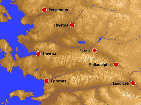 The location of the seven churches against a brown relief background. – Slide 14