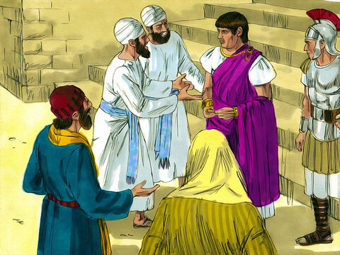 After questioning Jesus, Pilate, the Roman governor, told the Chief Priests and the crowd, ‘I find no basis for a charge against this man.’ <br/>He sent Jesus off to face trial by the ruler Herod Antipas who mocked Him but could not find a charge against Jesus. So Jesus was returned him to Pilate. – Slide 2