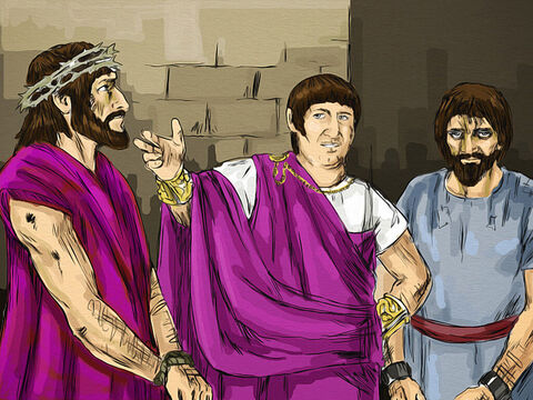 Now it was the governor’s custom at the Passover festival to release a prisoner chosen by the crowd. Pilate asked them, ‘Which one do you want me to release to you: Jesus Barabbas, or Jesus who is called the Messiah? <br/>The chief priests and the elders urged the crowd to ask for Barabbas and to have Jesus executed. – Slide 5
