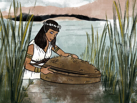 A princess, one of Pharaoh’s daughters, came down to bathe in the river, and as she and her maids were walking along the riverbank, she spied the little boat among the reeds and sent one of the maids to bring it to her. – Slide 7