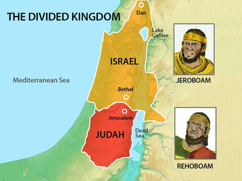 When Rehoboam became King, Jeroboam led a rebellion against him. As a result the nation was divided into two kingdoms. In the north were ten tribes making up Israel, led by Jeroboam, and in the south two tribes making up Judah, ruled by Rehoboam. – Slide 1