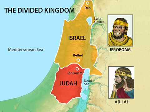 Jeroboam still ruled in the north and to stop the people in Israel returning to Judah to worship at the Temple he had built new places for them to worship. One was at Bethel and the other at Dan. – Slide 3