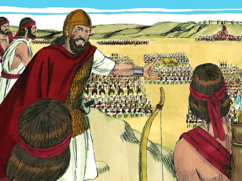 Although Abijah was a man who in the past had not fully trusted God, when faced with the battle ahead he did turn to God for help. He spoke up bravely, addressing King Jeroboam and his mighty army gathered before him. ‘Listen to me Jeroboam and all Israel,’ he shouted. – Slide 9