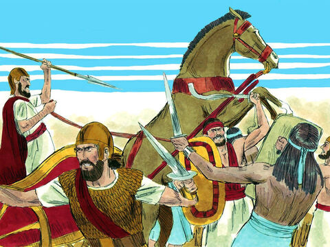 At the sound of the battle cry, God helped the army of Judah completely overpower the army of Israel. Jeroboam and his troops fled and suffered 500,000 casualties. – Slide 17