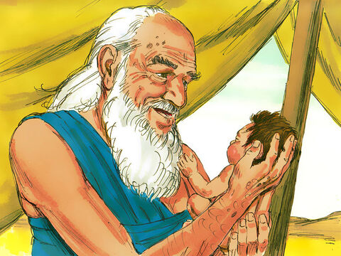 Abraham, who was now one hundred years old, gave his newborn son the name Isaac. Isaac means ‘he laughs’. Abraham lovingly watched his son grow from being a baby into a young boy. – Slide 5