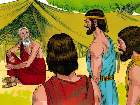 While Abraham was sitting near the entrance to his tent near the great tree at Mamre, he looked up and saw three men standing nearby. The Bible says one of these was the Lord. – Slide 1
