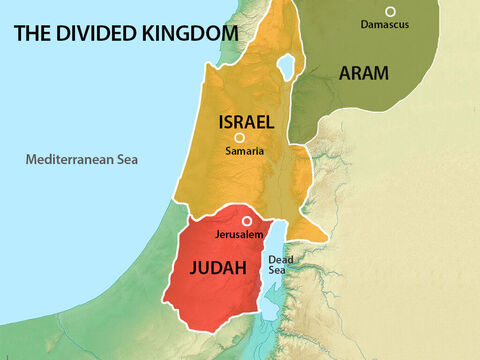 Many years before, the Jewish people had been divided into two nations. King Ahaz ruled the Jews in the south, while King Pekah ruled the Jews in the northern Kingdom of Israel. Both King Ahaz and King Pekah are described in the Bible as ‘evil’ rulers who disobeyed God. – Slide 2