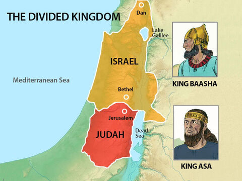 The Israelites were divided into two nations. King Asa ruled the two Jewish tribes in the southern kingdom of Judah while King Baasha ruled the 10 Jewish tribes in the northern kingdom of Israel. – Slide 2
