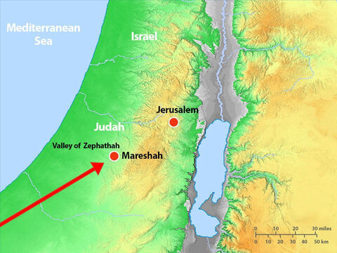King Zerah and his soldiers approached Judah from the south. Asa gathered his troops and they took up battle positions in the valley of Zephathah near Mareshah. – Slide 8