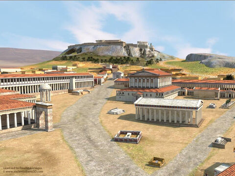 This 3D reconstruction of Athens (around 400BC) by Dimitris Tsalkanis shows the market place (Agora) in foreground. Mars Hill (the Areopagus) is the long rocky flat surface in the background right. The judges of Areopagus met there. Image used with permission from Ancient Athens 3D. – Slide 2