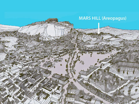 This illustration shows Mars Hill with the Acropolis rocky outcrop in the background left. – Slide 3
