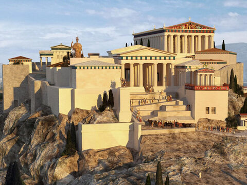A 3D reconstruction of the Acropolis in New Testament times by John Goodinson. Behind the entrance (known as the Propylaea), stood a gigantic bronze statue of the goddess Athena. The base was 1.50m (4ft 11in) high, while the total height of the statue was 9m (30ft). The goddess held a lance whose gilt tip could be seen as a reflection by crews on ships rounding Cape Sounion. – Slide 5