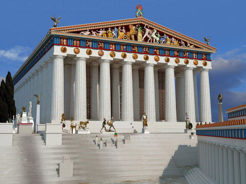 A 3D reconstruction of the Parthenon by John Goodinson. The temple was dedicated to the goddess Athena, whom the people of Athens considered their patron – Slide 10