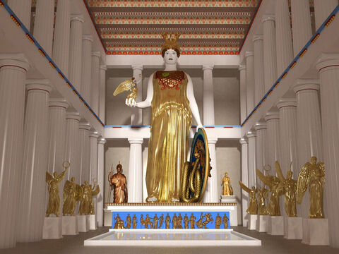 Reconstruction of the goddess Athena in the Parthenon by John Goodinson. The image was over 10m (30ft) tall and showed the goddess in an elaborate helmet, a breastplate of snakes’ scales, and a traditional Athenian peplos (robe). Athena was the goddess of war and considered to be the daughter of Zeus. Her shield was decorated with battle scenes. She held a small statue of Nike, the goddess of victory, in her outstretched right hand. – Slide 12