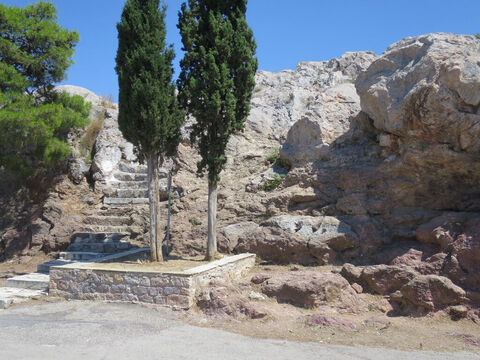 The steps up to Mars hill (the Areopagus) where the Apostle Paul, having seen all the temples and idols in Athens, delivered his message about the altar ‘to the unknown god’ (Acts 17:16-34). – Slide 14