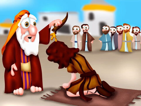 After King Saul was disobedient, God told Samuel, ‘Take some oil and go to Bethlehem. Find a man named Jesse as one of his sons will be the next king of Israel.’ Jesse brought out seven of his sons in age order, the oldest first, but God rejected each one as King. Samuel then sent for Jesse’s youngest son, David, who was looking after Jesse’s sheep. God said David was to become the next king, so Samuel anointed him with oil and the Holy Spirit empowered the young lad. – Slide 1
