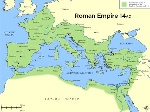 Map of the Roman Empire at the death of Augustus in 14AD. – Slide 1