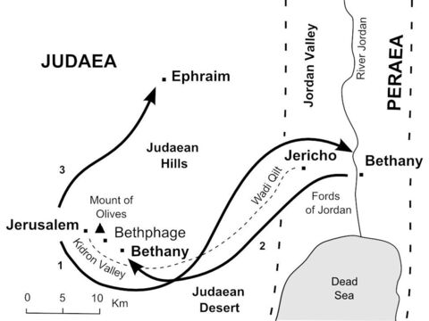 Jesus’s journeys near Jerusalem. <br/>1. Jesus leaves Jerusalem and follows the road down to Jericho, then crosses the River Jordan to Bethany beyond the Jordan. (John 10:40-42)<br/>2. Hearing of the death of his friend Lazarus, Jesus returns to Bethany near Jerusalem and raises Lazarus from the dead. (John 11:1-44)<br/>3. Jesus withdraws to Ephraim to avoid being arrested by the chief priests. (John 11:54) – Slide 7