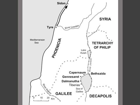Jesus journeys north to Sidon, a prosperous port in Phoenicia. (Mark 7:31) – Slide 23