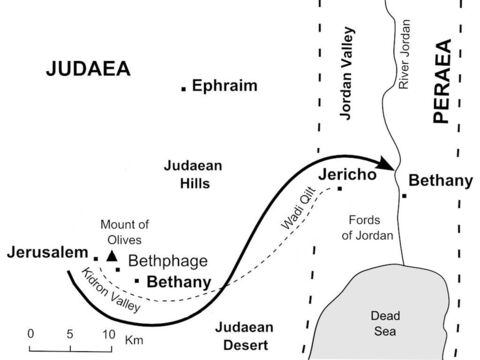 Jesus’s journeys near Jerusalem. <br/>Jesus leaves Jerusalem and follows the road down to Jericho, then crosses the River Jordan to Bethany beyond the Jordan. (John 10:40-42) – Slide 29