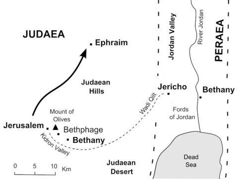 Jesus withdraws to Ephraim to avoid being arrested by the chief priests. (John 11:54) – Slide 31