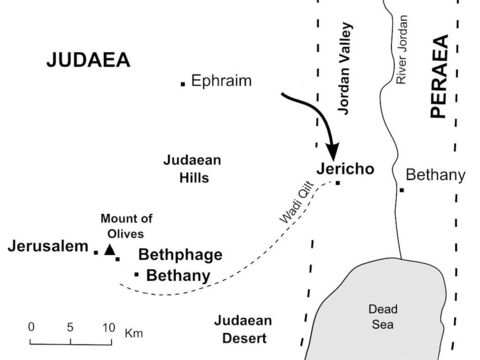 Jesus enters Jerusalem. <br/>Jesus and His disciples approach Jericho where Jesus heals a blind man. (Mark 10:46-52) – Slide 32