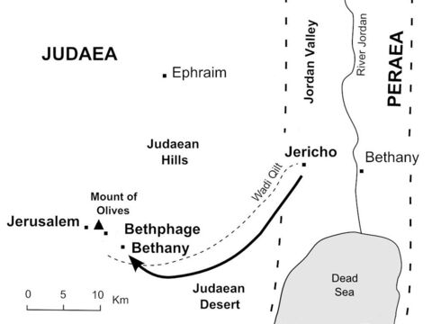 Jesus climbs the road from Jericho towards Jerusalem and sends two disciples ahead to borrow a donkey. (Mark 11:1-7) – Slide 33