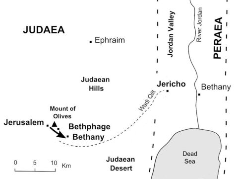 After a brief visit to the Temple courtyard, Jesus returns to Bethany to stay overnight. (Mark 11:11) – Slide 35