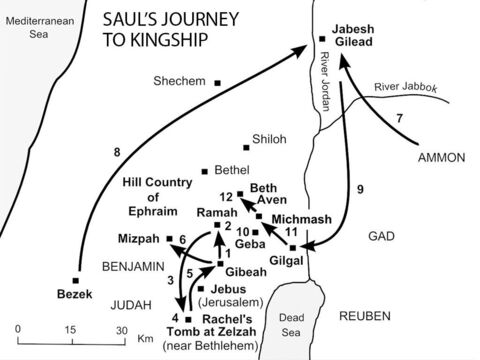 Saul’s journey to kingship.<br/> 1. In his old age, Samuel appoints his sons Joel and Abijah to be ‘Judges’ at Beersheba. But they are dishonest men, so the people gather at Ramah and plead with Samuel for a strong king “like all the other nations” (1 Samuel 8:1-5) Samuel - reluctant at first - begins his search for a suitable leader. In the spring, Saul – an impressive looking forty-year-old – goes in search of his father’s donkeys, from Gibeah (in Benjamin) to Shalishah, Shaalim and Zuph (1 Sam 9:1-13). <br/>2. At Ramah, Saul and his father’s servant consult Samuel about the missing donkeys. Samuel immediately recognises the young man as God’s appointed leader, and anoints Saul as King of Israel (1 Sam 9:14-10:1). <br/>3. Samuel tells Saul to go to Rachel’s tomb at Zelzah near Bethlehem where two men will tell him that the donkeys have been found (1 Sam 10:2-8). <br/>4. As Saul turns to leave, he becomes a new person as the Spirit of God comes upon him in power (1 Sam 10:9). <br/>5. When he arrives home at Gibeah, Saul begins prophesying as he joins a group of prophets singing and dancing (1 Sam 10:10-16). <br/>6. Samuel calls the people together and publicly proclaims Saul king at Mizpah (1 Sam 10:17-27). <br/>7. A month later, King Nahash of Ammon beseiges Jabesh Gilead (1 Sam 11:1-7). <br/>8. Saul rallies the Israelite forces at Bezek and defeats the Ammonites at Jabesh (1 Sam 11:8-11). <br/>9. Saul is confirmed as king at Gilgal (1 Sam 11:12-15). <br/>10. Saul prepares to fight the Philistines by luring them into the hill country of Ephraim, north of Jebus (Jerusalem). In an act of defiance, Saul’s son Jonathan demolishes the Philistine ‘pillar’ (Hebrew, ‘netsib’, meaning  a ‘pillar’ or standing stone erected to indicate Philistine overlordship of the area) at Geba (1 Sam 13:1-7). <br/>11. Meanwhile, Saul summons the men of Israel to join him at Gilgal. The Philistines hear that Jonathan has demolished the pillar and see this as a challenge to their authority. They assemble a huge army of soldiers and head for the Michmash Pass leading down to Gilgal. Jonathan secretly attacks and kills twenty Philistines at Michmash Pass. As a result, the Philistines are thrown into panic (1 Sam 14:1-14). <br/>12. Jonathan’s forces at Geba join battle at Michmash and beat the Philistines, who are in total confusion. They pursue them along the floor of the valley all the way to Beth Aven (1 Sam 14:15-23). – Slide 1