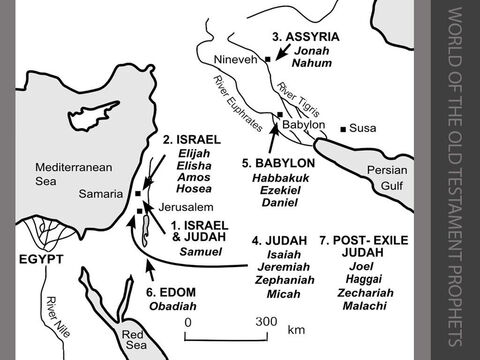 The world of the Old Testament Prophets. <br/>1. The United Monarchy of Israel and Judah <br/>Samuel acted as a prophet in the 11th century BC, anointing Saul in c.1012BC and later anointing David as king of Israel and Judah. <br/>2. The Northern Kingdom of Israel (Samaria) <br/>Elijah prophesied to King Ahab of Israel between c.870 and c.853BC.<br/>Elisha continued Elijah’s prophetic ministry from c.852 to c.842BC. <br/>Amos and Hosea denounced social injustice in Israel between c.760BC and c.725BC. <br/>3. Assyria (Nineveh) <br/>Jonah preached a message of judgement to Nineveh before the defeat of Israel in 722BC. <br/>Nahum celebrated the destruction of Nineveh by the Babylonians in 612BC. <br/>4. The Southern Kingdom of Judah (Jerusalem) <br/>Micah spoke against both Israel and Judah between c.747 and c.722BC. <br/>Isaiah, son of Amoz, spoke between c.737 and c.716BC, predicting the fall of Israel and Judah. The second part of the Book of Isaiah contains words of comfort to the exiles in Babylonia following the fall of Jerusalem in 587BC (Chapters 40-55), then encourages the exiles who have returned to Jerusalem after 537BC to be faithful in their worship of the LORD (Chapters 56-66). <br/>Jeremiah and Zephaniah warned the people of Jerusalem before its fall in 587BC that it would be judged for its unfaithfulness to God. <br/>5. Babylon <br/>Habbakuk, speaking before the fall of Jerusalem in 587BC, asked why God allowed the cruel Babylonians to succeed. <br/>Ezekiel, exiled to Babylon in 598 BC, predicted the fall of Jerusalem in 587BC and, later, spoke about the return of the exiles to Israel. <br/>Daniel was in exile in Babylon at the same time as Ezekiel. He was persecuted for his faith during the period between 598 and 539BC. <br/>6. Edom  <br/>Obadiah foretold the punishment of Edom after the country took advantage of Jerusalem’s fall in 587BC. <br/>7. Post-exile Judah (Jerusalem) <br/>Haggai and Zechariah spurred on the returned exiles to rebuild the Temple in Jerusalem in c.520BC <br/>Malachi, writing after the completion of the Temple in 516BC, urged Israel to be faithful as God’s people. Joel, writing some time after the exile in the 5th or 4th century BC, promised hope after a plague of locusts. – Slide 9