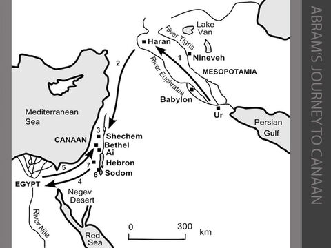 Abram's journey to Canaan. <br/>1. Terah and his family (including his sons Abram and Nahor, and his grandson Lot) live at Ur in Mesopotamia. They decide to move from Ur and follow the River Euphrates upstream to Haran. (Genesis 11:27-32) <br/>2. God calls Terah’s son Abram to “Leave your country… and go to the land I will show you.” He establishes a covenant agreement with Abram to give his family the ‘promised land’ of Canaan. Abram and his nephew Lot set out for Canaan with their tents and flocks. (Genesis 12:1-5) <br/>3. Abram arrives in Canaan and builds an altar by the sacred tree of Moreh at Shechem. (Genesis 12:6-7) <br/>4. Abram moves to the hill country between Bethel and Ai, then moves south towards the Negev Desert. Driven by drought and famine, Abram and Sarai journey along the Way of Shur to the well-watered lands of the Nile Delta in Egypt. (Genesis 12:8-20) <br/>5. Abram and Sarai are forced to flee from Egypt to the hill country near Bethel. (Genesis 13:1-9) <br/>6. Abram and Lot decide to separate. Lot chooses the fertile, well-watered Jordan Valley and pitches his tents near Sodom. (Genesis 13:10-13) <br/>7. Abram moves to the great oaks of Mamre near Hebron and builds an altar there. (Genesis 13:18) – Slide 6