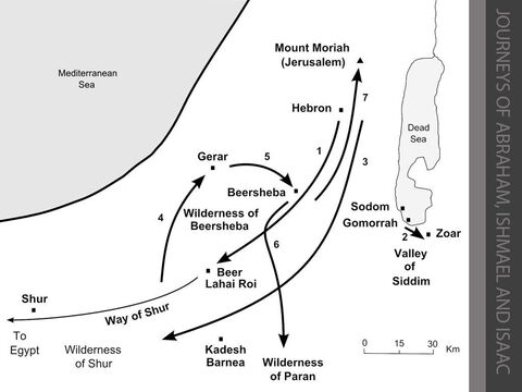 Journeys of Abraham, Ishmael and Isaac. <br/>1. God renews His covenant with Abram at Hebron and promises to give the land between Egypt and the River Euphrates to his descendants. (Genesis 15:1-21) As his wife Sarai is barren, Abram conceives a child by Hagar, his Egyptian slave girl. But Sarai ill-treats Hagar and she flees south into the desert. The angel of the LORD meets Hagar at a spring in the desert on the road to Shur. He tells her to return, so Hagar returns to Abram at Hebron and Ishmael is born.  (Genesis 16:1-16) <br/>2. God reveals to Abraham that He is going to destroy Sodom and Gomorrah because of their wickedness. Abraham pleads with God to save the few righteous inhabitants (including his nephew, Lot). (Genesis 18:17-33) Two angels arrive at Sodom. Lot insists that they stay overnight with him. They urge Lot and his family to "run to the mountains" during the night and "don't look back." Lot runs as far as a small town nearby called Zoar, and is saved from the cataclysm that follows. (Genesis 19:1-29) <br/>3. Abraham moves from Hebron to the Negev Desert between Kadesh and Shur. (Genesis 20:1) <br/>4. Later he stays at Gerar. (Genesis 20:2) <br/>5. Abraham is forced to move again, and settles in Beersheba. (Genesis 20:3-18) <br/>6. After Isaac is born, Sarah becomes hostile to his elder half-brother Ishmael and his mother Hagar, Abraham’s Egyptian slave. Hagar and her son are forced to leave and wander in the Wilderness of Beersheba. (Genesis 21:1-19) – Slide 8