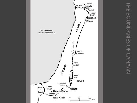 The boundaries of Canaan. <br/>The boundaries of Canaan are mapped out and elders are appointed to assign the land after the conquest to the remaining nine and a half Israelite tribes. The ‘promised land’ is to stretch from Mt Hor in the north to the Wadi of Egypt in the south. Provisions are made to allocate towns and pasture land to the Levites. Six of the settlements are to become ‘cities of refuge’, to which a person who has killed someone accidentally may flee. (Numbers 34:1-35:34) – Slide 5