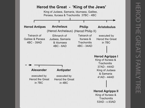 Herod the Great’s family tree. <br/>1. Herod the Great had been ruling Palestine for over thirty years before the birth of Jesus in 5 or 6 BC. He was the first foreigner to become king of the Jewish nation, his father being from Idumaea (Edom) and his mother from the Nabataean Kingdom of Arabia Petra. He ruled for thirty-three years (37BC – 4BC) as a friend and ally of Rome and was given the title ‘King of the Jews’ by the Roman senate. After Jesus’s birth, Herod ordered a massacre of all the infants in Bethlehem. (Matthew 2:1-23). When Herod died in 4BC he left his kingdom to three of his sons.<br/>2. Herod Antipas became ruler (‘tetrarch’) of Galilee and Peraea (4BC – 39AD). He ruled from his capital at Tiberias on the western shore of the Sea of Galilee. He divorced his first wife in order to marry Herodias, the wife of his half-brother Herod Philip.  He imprisoned and beheaded John the Baptist in 28AD for criticising this marriage (Mark 6:14-28 & Luke 3:19-20), and Pilate sent Jesus to him for judgement in 30AD. (Luke 23:7-12)<br/>3. Archelaus reigned (as ‘ethnarch’) in Judaea, Samaria and Idumaea (Edom) taking the place of his father Herod from 4BC to 6AD. (Matthew 2:22) This prompted Mary and Joseph to move to Nazareth, in Galilee - outside his jurisdiction. Archelaus was deposed by the Romans in 6AD, and Judaea (together with Samaria and Idumaea) became a Roman province administered by a procurator - who resided in the Roman capital at Caesarea. Pontius Pilate, the fifth procurator appointed in 26AD, condemned Jesus to death in 30AD. (Matthew 27:11-26)<br/>4. Philip (Herod Philip II) ruled as tetrarch of Ituraea and Trachonitis to the north east of the Sea of Galilee from 4BC to 34AD. (Luke 3:1) His capital, Caesarea Philippi was the site of Peter’s recognition of Jesus as the ‘Messiah’ or ‘Christ’ in the summer of 29AD. (Matthew 16:13-16) <br/>5. Herod Agrippa I, the grandson of Herod the Great, became king of Ituraea and Trachonitis in 37AD, following the death of Philip (Herod Philip II), his uncle. In 41AD, the Romans extended his kingdom to include Judaea and Samaria. On his death in 44AD (Acts 12:20-23), Judaea and Samaria once more came under direct Roman rule under the procurator, Felix. Shortly before his death, Herod Agrippa executed the apostle James (the brother of John), and arrested Peter, who had a miraculous escape. (Acts 12:1-19)<br/>6. Herod Agrippa II (who was only a child when his father Herod Agrippa I died in 44AD) became King of Ituraea and Trachonitis in 53AD. He ruled for over forty years. In 59AD, he interviewed Paul about his religious beliefs. (Acts 26:1-32) – Slide 10