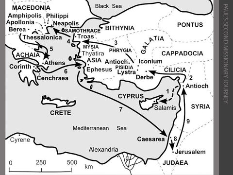 Paul’s second missionary journey.<br/>1. In 50AD, Paul suggests that he and Barnabas return to the towns in Galatia and Pisidia that they visited earlier.  They argue about whether to take John Mark; so Barnabas sets sail for Salamis with his young nephew, and revisits the Jewish believers in Cyprus. (Acts 15:36-39)<br/>2. Paul and Silas travel through Syria and Cilicia encouraging the new believers. They pass through Derbe and go on to Lystra. (Acts 15:40-16:5)<br/>3. Paul, Silas and Timothy travel through Galatia and Phrygia as the Holy Spirit prevents them from preaching in the Roman province of Asia. They try to enter Bithynia, but the Holy Spirit will not allow them. So they travel through Mysia to Troas. (Acts 16:6-8)<br/>4. Paul dreams of a man from Macedonia begging him to sail across the Aegean Sea. Joined by Luke, Paul and his companions sail across to Samothrace, and on to Neapolis. Then they travel inland to Philippi where they stay with Lydia. (Acts 16:9-15)<br/>5. Paul casts an evil spirit out of a slave girl and is imprisoned by the magistrates. Set free by an earthquake, Paul causes so much embarrassment to the Romans that he and Silas are forced to leave. (Acts 16:16-40) They travel through Amphipolis and Apollonia to Thessalonica and Berea before being forced to move on to Athens (Acts 17:1-15)<br/>6. Paul reveals the ‘unknown god’ to the philosophers of Athens before travelling on to Corinth, where he stays with Aquila and Priscilla for a year and a half before sailing to Ephesus. (Acts 18:1-19)<br/>7. Paul preaches in the synagogue at Ephesus and is encouraged to stay. Instead, he leaves Aquila and Priscilla there, promises to return at a later date, and sets sail for Caesarea. (Acts 18:20-21)<br/>8. After landing at Caesarea in the autumn of 52AD, Paul goes up to Jerusalem to report back to the church leaders. (Acts 18:22)<br/>9. Paul then returns to his ‘home’ church at Antioch in Syria. (Acts 18:22) – Slide 4