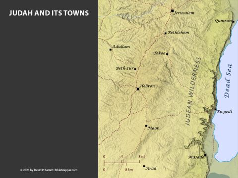 Judah and Its Towns. <br/>The land of Judah in southern Israel was home to many important leaders throughout Israel’s history. Abraham, Isaac, Jacob, and Joseph all lived in the hill town of Hebron for a time (Genesis 13:18; 35:27; 37:12-14). Likewise, David was born in the Judean town of Bethlehem (1 Samuel 16-17), and while he was on the run from Saul, he travelled from throughout Judah (1 Samuel 19-26). When David first became king, he reigned over Judah from the town of Hebron and moved to Jerusalem only after he gained control over all Israel (2 Samuel 5:1-5). Hundreds of years later Jesus was born in Bethlehem (Matthew 2:1-12; Luke 2:1-20). – Slide 1