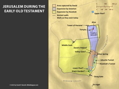 Jerusalem during the Early Old Testament. <br/>When King David captured Jerusalem from the Jebusites (2 Samuel 5:6-10; 1 Chronicles 11:4-9), it was a relatively small fortress positioned next to the Gihon Spring–-a dependable source of water that later enabled the city to withstand various sieges (2 Kings 18:13-19:37; 2 Chronicles 32; Isaiah 36-37). King Solomon built the Temple of the Lord on a threshing floor north of the city (2 Samuel 24; 1 Chronicles 21King Hezekiah eventually expanded the walls to encompass a much larger area and replaced the old Jebusite tunnel with another tunnel to the Lower Pool (later called the Pool of Siloam). Many years later in 586 B.C. the Babylonians attacked the city, destroyed the city and the Temple. – Slide 2