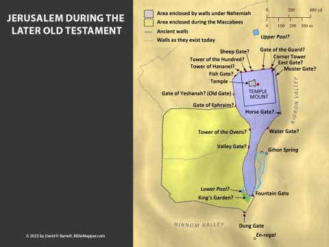 Jerusalem during the Later Old Testament. <br/>The Babylonians destroyed the city of Jerusalem and the Temple of the Lord in 586 B.C. Several decades later (539 B.C.), King Cyrus of Persia conquered Babylon and declared that the Judean exiles were free to return to Judah and rebuild the Temple (2 Chronicles 36:22-23; Ezra 1:1-4). A small portion of the exiles did return and rebuild the Temple (Ezra 1:5-6:15; Nehemiah 7:5-65), but it wasn’t until about 445 B.C. that they rebuilt the walls of Jerusalem under the leadership of Nehemiah. – Slide 4