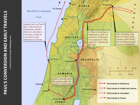 Paul’s conversion and early travels. <br/>As Paul was traveling to Damascus, the resurrected Jesus appeared to him, and Paul became blind. He was led the rest of the way to Damascus, where a believer named Ananias laid hands on him and healed his sight. Paul also mentions in Galatians 1:17 that he went to Arabia for a time and then returned to Damascus. Paul travelled to Jerusalem, where he met with the church leaders and began preaching boldly in the name of Jesus. When another plot on Paul’s life was discovered, the believers took him to Caesarea and sent him to his hometown of Tarsus in Cilicia. – Slide 4