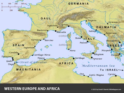 Western Europe and Africa. <br/>To the ancient Israelites, the distant regions of western Europe and Africa would have been regarded as the edge of the world. The apostle Paul wrote to the believers in Rome and spoke of his desire to visit them on his way to Spain (Romans 15:23-29). – Slide 2