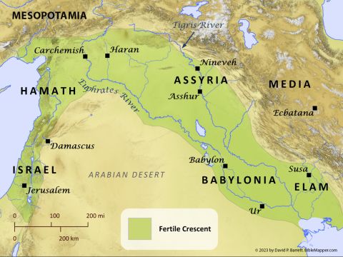 Mesopotamia. <br/>Located between the Tigris and Euphrates Rivers, Mesopotamia formed a large portion of what is often called the Fertile Crescent, and it gave rise to the nations of Elam, Babylonia, and Assyria, each of which interacted with the people of Israel at various points in history. – Slide 4