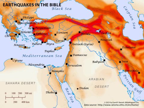 Earthquakes in the Bible. <br/>While the most intense seismic activity of the region typically occurs far north of Israel around Pergamum, Ephesus, Melidu, and Tushpa, the land of Israel experiences earthquakes from time to time as well due to its position at the northern extreme of a major fault line running all the way down the Red Sea and into East Africa. – Slide 8
