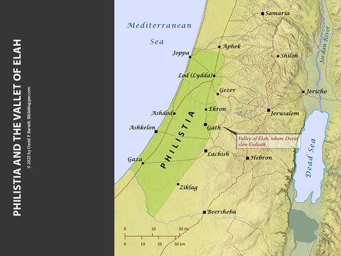 Philistia and the Valley of Elah. <br/>One of the most well-known stories of the Bible is David’s defeat of Goliath, a Philistine giant from the town of Gath (1 Samuel 17). The Philistines may have originated from the island of Crete and settled along the eastern Mediterranean coast around the time of the Judges (Jeremiah 47:4; Amos 9:7). As the Philistines pushed further into the interior of Canaan, they often came into conflict with the Israelites, who resided mostly in the hill country. – Slide 1