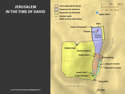 Jerusalem in the time of David. <br/>When King David captured the city from the Jebusites (2 Samuel 5:6-10; 1 Chronicles 11:4-9), it was a relatively small fortress positioned next to the Gihon Spring–-a dependable source of water that later enabled the city to withstand various sieges (2 Kings 18:13-19:37; 2 Chronicles 32; Isaiah 36-37). King Solomon built the Temple of the Lord on a threshing floor north of the city (2 Samuel 24; 1 Chronicles 21), and the city continued to grow. – Slide 6