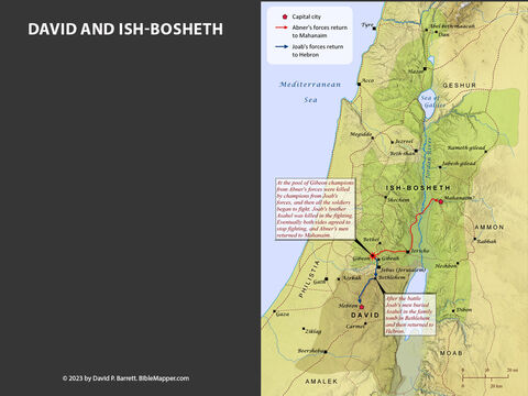 David and Ish-bosheth. <br/>Abner, the son of Saul’s commander, set up Saul’s son Ish-bosheth as king over all the other tribes.  A long war ensued between David and Ish-bosheth. During this time, some of Ish-bosheth’s men traveled to Gibeon under the command of Abner, and they faced off at a pool against some of David’s men under the command of Joab, one of David’s nephews (1 Chronicles 2:15-16). Over time David became stronger and stronger, while Ish-bosheth became weaker and weaker. – Slide 9