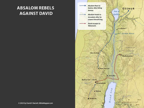 Absalom Rebels against David. <br/>Absalom began a coup against David. At Hebron, his followers declared him king, and he headed for Jerusalem to overthrow David. David and those loyal to him fled across the Jordan River to Mahanaim. Absalom mustered an army to attack David in the forest of Ephraim. David’s men thoroughly defeated Absalom’s army, and Absalom himself was killed. – Slide 12