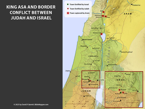King Asa and border conflict between Judah and Israel. <br/>Around 895 B.C., a few decades after Israel divided into the northern kingdom of Israel and the southern kingdom of Judah, a border dispute erupted between the two nations. King Baasha of Israel seized the strategic Judean border town of Ramah and fortified it to gain control over all routes leading to and from Judah along its northern border. King Asa bribed King Ben-hadad of Aram to attack Israel, capturing Ijon, Dan, Abel-beth-maacah, the area of Kinnereth, and all Naphtali. – Slide 5