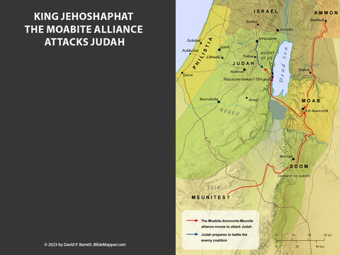 King Jehoshaphat and King Jehoram attack Moab. <br/>Soon after King Jehoram ascended to the throne of Israel in 852 B.C., he invited King Jehoshaphat of Judah to go with him to attack Moab. They chose to approach Moab from the south instead of the north. Elisha foretold that a nearby stream would be soon be filled with pools of water even though it would not rain there, and the armies of Israel would conquer every fortified city of Moab and ruin the land. – Slide 7